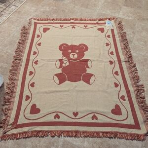 Teddy Bear Throw Blanket  34x 40 with Fringe Vintage Goodwin Weavers Cotton